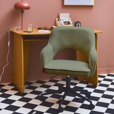 Chaise de bureau à roulettes velours côtelé kaki. L 60 x P 62 x H 89 / 99cm