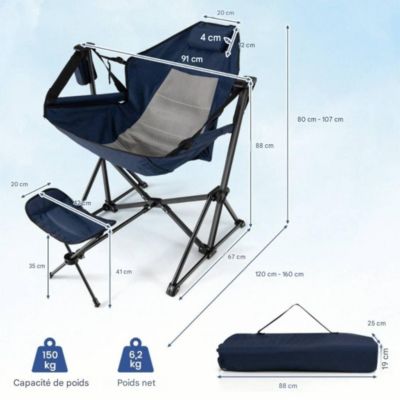 Chaise de camping pliable avec repose-pieds bleu marine
