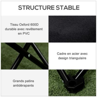 Chaise de camping pliable avec sac de transport et pochette de rangement acier oxford noir