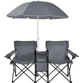 Chaise de Camping Pliante 2 Places avec Parasol Fauteuil Camping Extérieur avec Poche Porte gobelets&Sac de Transport