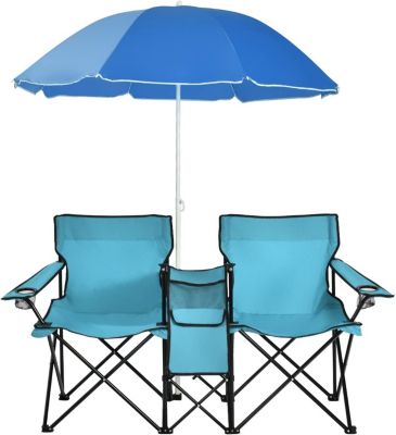 Chaise de Camping Pliante 2 Places avec Parasol Fauteuil Camping Extérieur avec Poche Porte gobelets&Sac de Transport