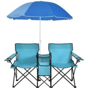 Chaise de Camping Pliante 2 Places avec Parasol Fauteuil Camping Extérieur avec Poche Porte gobelets&Sac de Transport