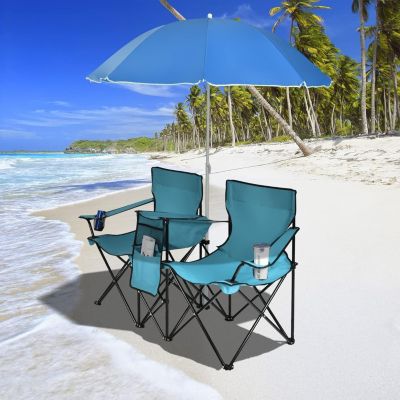 Chaise de Camping Pliante 2 Places avec Parasol Fauteuil Camping Extérieur avec Poche Porte gobelets&Sac de Transport