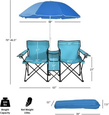 Chaise de Camping Pliante 2 Places avec Parasol Fauteuil Camping Extérieur avec Poche Porte gobelets&Sac de Transport