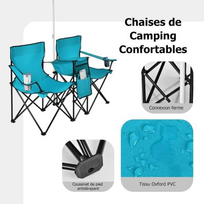 Chaise de Camping Pliante 2 Places avec Parasol Fauteuil Camping Extérieur avec Poche Porte gobelets&Sac de Transport