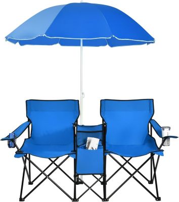 Chaise de Camping Pliante 2 Places avec Parasol Fauteuil Camping Extérieur avec Poche Porte gobelets&Sac de Transport
