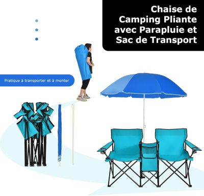 Chaise de Camping Pliante 2 Places avec Parasol Fauteuil Camping Extérieur avec Poche Porte gobelets&Sac de Transport