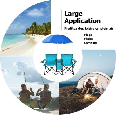 Chaise de Camping Pliante 2 Places avec Parasol Fauteuil Camping Extérieur avec Poche Porte gobelets&Sac de Transport