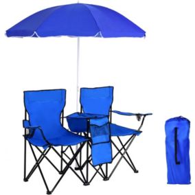 Chaise de Camping Pliante 2 Places avec Parasol Poche Isotherme et Porte-gobelet Fauteuil de Jardin Portable en PVC Ideal