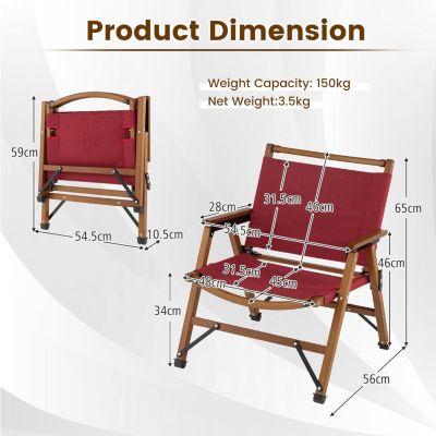 Chaise de Camping Pliante Charge 150 KG Chaise de Pêche Portable Extérieur avec Cadre en Bambou & Tissu Oxford Rouge