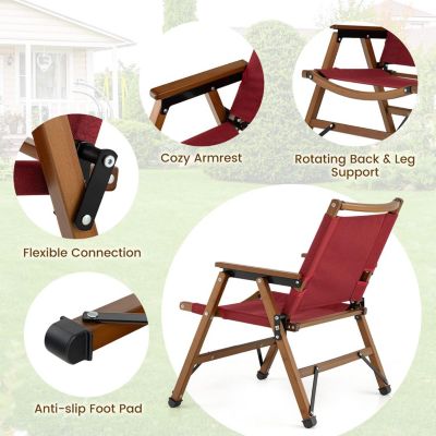 Chaise de Camping Pliante Charge 150 KG Chaise de Pêche Portable Extérieur avec Cadre en Bambou & Tissu Oxford Rouge