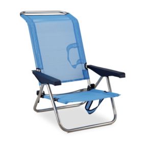 Chaise de Plage Lit Pliable Solenny 4 Positions Bleu Dossier Bas avec Accoudoirs 77x60x83 cm
