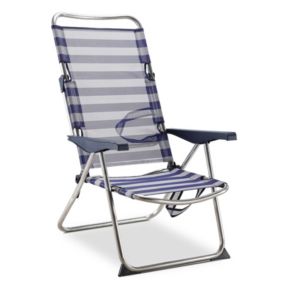 Chaise de Plage Lit Pliable Solenny 4 Positions Bleu et Blanc avec Accoudoirs 91x63x105 cm
