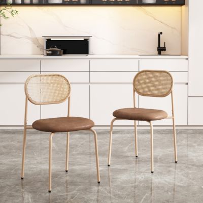 Chaise de Salle à Manger Lot de 2 - Dossier Ovale en Rotin, Pieds Métal, Assise Confortable - Marron
