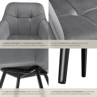 Chaise de salle à manger rembourrée et en velours matelassé gris/noir