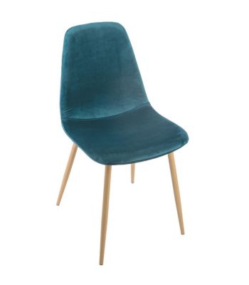 Chaise de table en Velours Bleu et pieds en métal effet bois