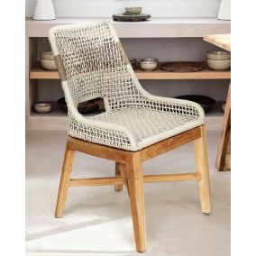 Chaise dossier haut en teck massif et corde naturelle beige - Uniqka