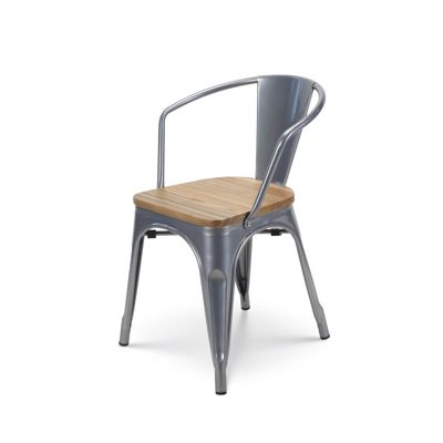 Chaise en métal silver style Industriel et assise en bois naturel clair   Avec accoudoirs