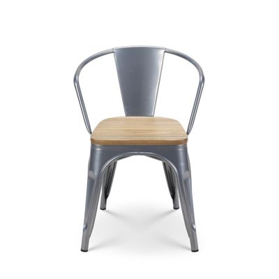 Chaise en métal silver style Industriel et assise en bois naturel clair   Avec accoudoirs