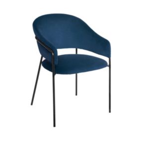 Chaise Fauteuil de table en Velours Bleu et pieds en métal noir