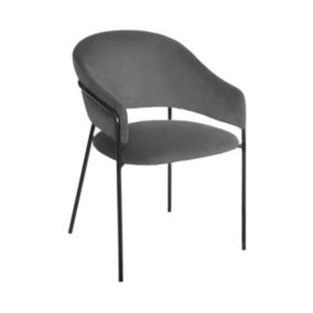 Chaise Fauteuil de table en Velours Gris et pieds en métal noir