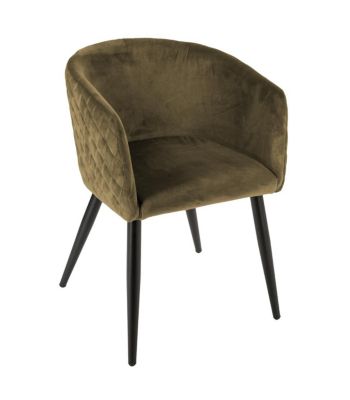 Chaise Fauteuil de table en Velours Vert Kaki et pieds en métal noir