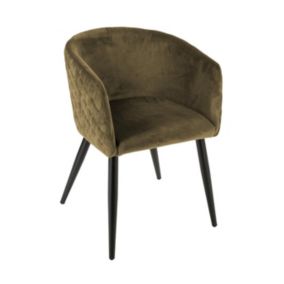 Chaise Fauteuil de table en Velours Vert Kaki et pieds en métal noir