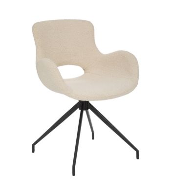 Chaise Fauteuil de table tissus Ivoire à bouclettes et pieds en métal Noir