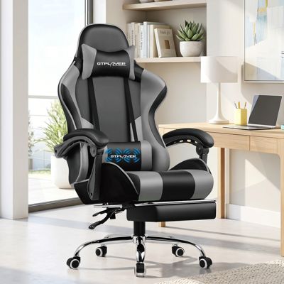 Chaise Gaming Ergonomique, Fauteuil Gamer, Dossier 135 degrés, Hauteur Réglable, Repose-Pieds, Simili Cuir Gris