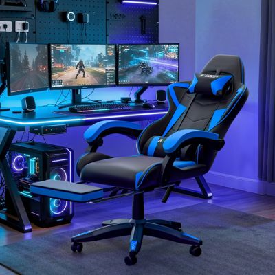 Chaise Gaming, Fauteuil Gamer Repose-Pieds Rétractable,Chaise de Jeu avec Lombaire&Appui-Tête Appui, Siège en Cuir, Rattantree