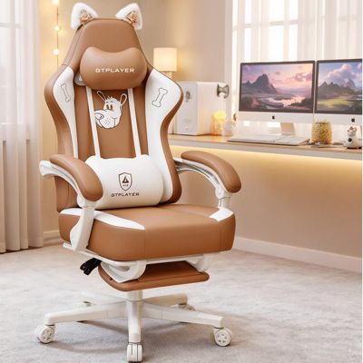 Chaise Gaming, Oreilles Chat, Mousse Mémoire, Repose-Pieds, 150 kg, Cuir Marron
