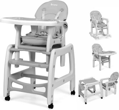 Chaise Haute 4 en 1 avec Fonction de Bascule Ensemble de Table Chaise Multifonctionnel Enfant avec Dossier Réglable Gris