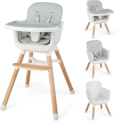 Chaise Haute 6 en 1 Bébé 3-36 Mois-Convertible Réglable en Bois-Coussin de Siège Imperméable Amovible-Double Plateau Gris