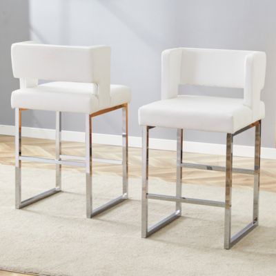 Chaise haute 91,4 cm lot de 2 avec assise carrée rembourrée en similicuir blanc et structure métal argenté