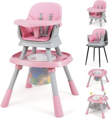 Chaise Haute Bébé 16 en 1, Chaise Haute Bébé Evolutive avec 3 Hauteurs Réglables, 3 Jouets, Charge 15KG pour 6-36 Mois, Rose