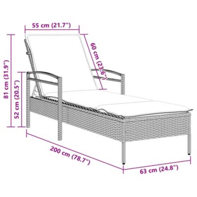 Chaise longue avec coussin gris 63x200x81 cm résine tressée vidaXL