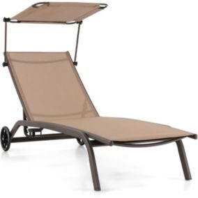 Chaise Longue avec Pare Soleil Réglable Bain de Soleil Dossier Réglable à 6 Niveaux avec Roulettes Charge 150KG