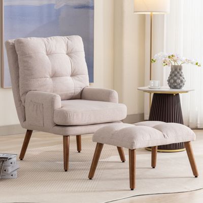 Chaise longue avec repose-pieds, dossier réglable sur 5 niveaux, inclinable, chaise avec étagère latérale-beige