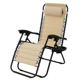 Chaise longue bain de soleil beige acier/tissu avec appui-tête et porte-boisson