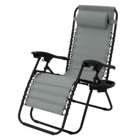 Chaise longue bain de soleil gris acier/tissu avec appui-tête et porte-boisson
