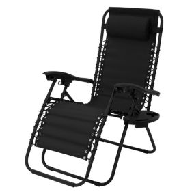 Chaise longue bain de soleil noir acier/tissu avec appui-tête et porte-boisson