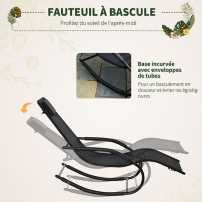 Chaise longue à bascule - rocking chair design - tétière, accoudoirs, assise dossier ergonomique - métal époxy textilène noir