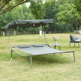 Chaise longue double Avigliano avec auvent acier laqué polyester 200 x 173 x 146 cm gris casa.pro