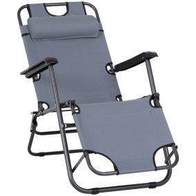 Chaise longue inclinable transat bain de soleil 2 en 1 pliant têtière amovible acier oxford gris clair
