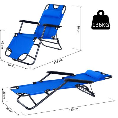 Chaise longue inclinable transat bain de soleil 2 en 1 pliant têtière amovible acier oxford