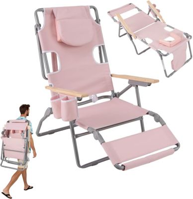 Chaise Longue Pliable avec Trou Visage, Transat Jardin Extérieur avec Dossier Réglable, Plage, Jardin, Charge 150 KG, Rose