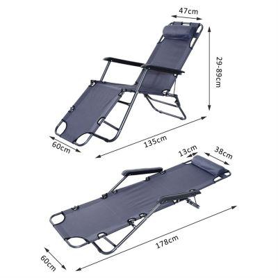 Chaise longue pliable bain de soleil transat de relaxation dossier inclinable avec repose-pied polyester oxford gris