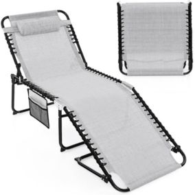 Chaise Longue Pliable Grande Chaise Longue Extérieur avec Dossier Réglable à 4 Positions Oreiller Amovible Gris