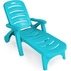 Chaise Longue Pliante avec Dossier Réglable à 5 Positions Fauteuil de Terrasse Charge 150KG avec Roue Intégrée Turquoise