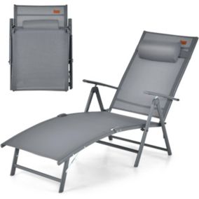 Chaise Longue Pliante avec Dossier Réglable à 7 Niveaux avec Accoudoir et Repose-tête-Transat Jardin Charge 150 KG Gris